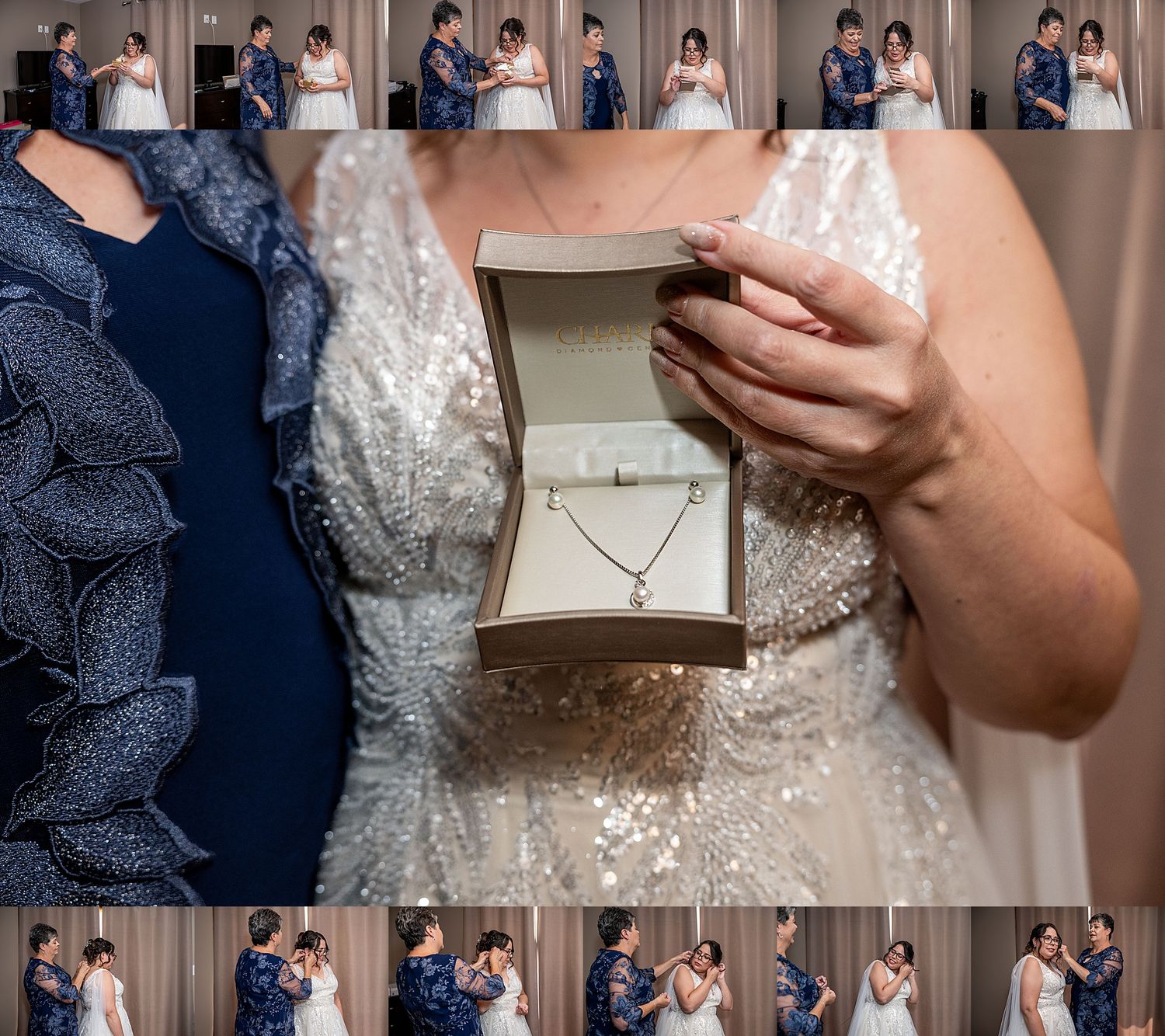 A necklace and ring are presented in a wooden jewelry box during an intimate ceremonial moment.