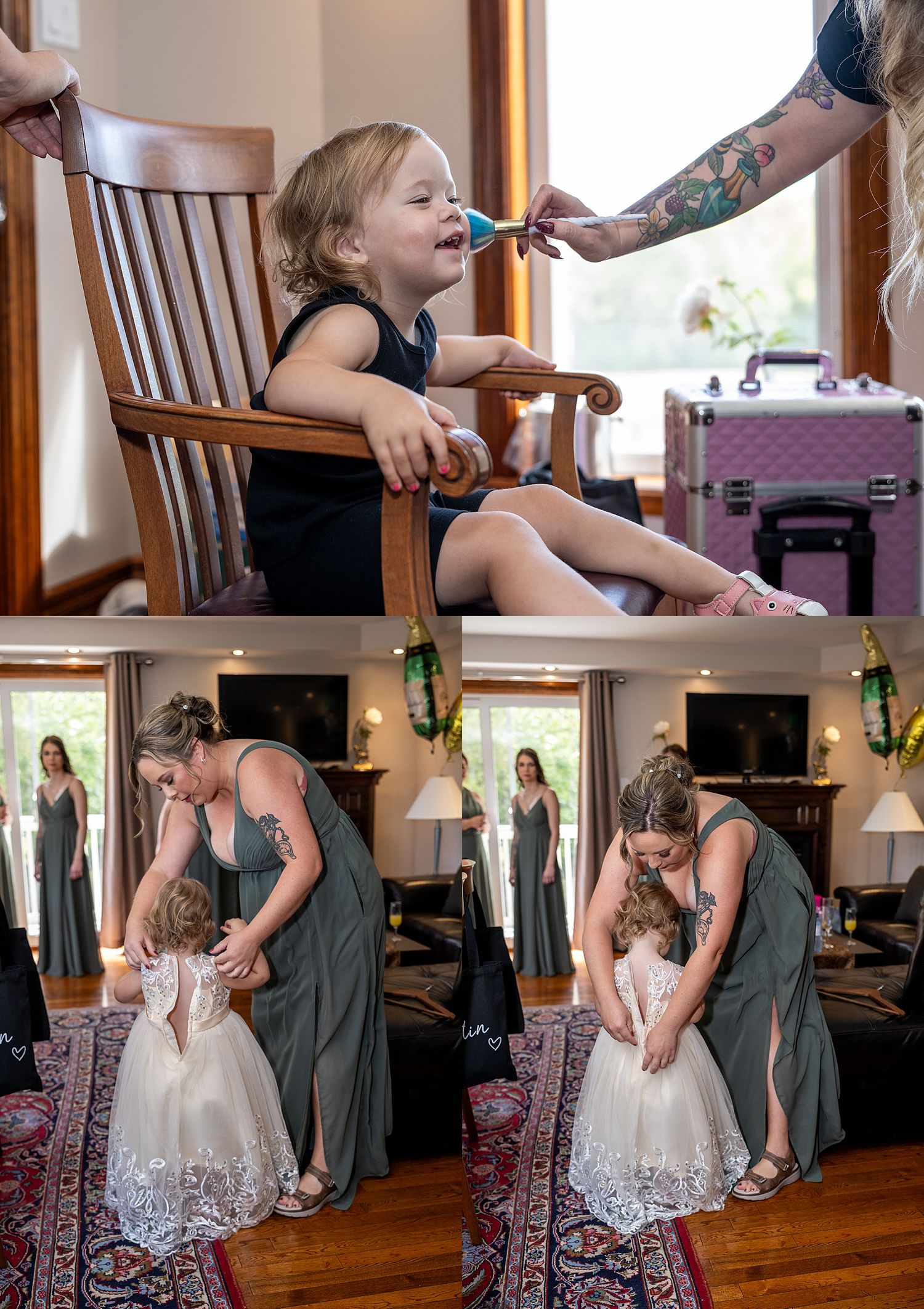 Parent helps child in dress get ready for special occasion in sunlit living room with hardwood floors and wooden chairs.