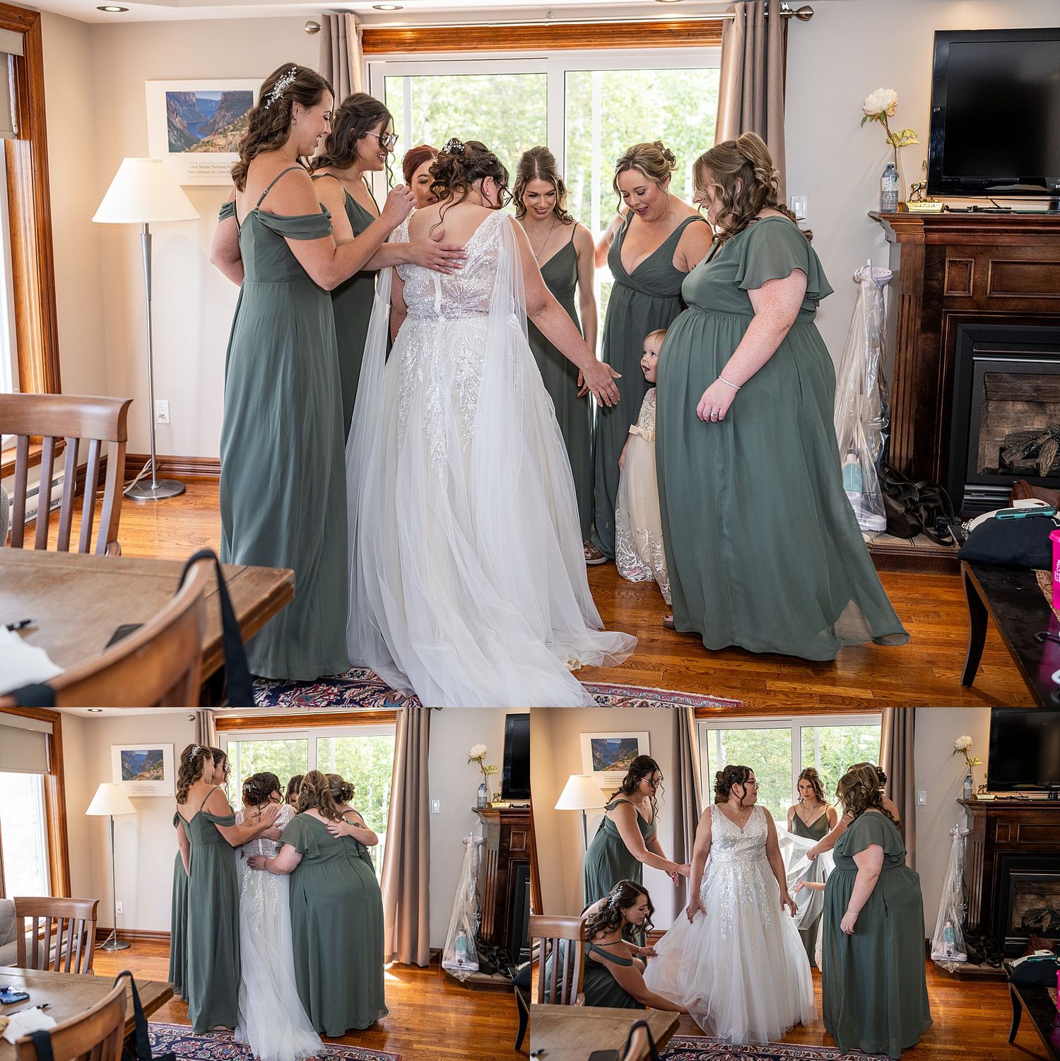 Bridesmaids in sage green dresses help bride in white gown get ready for special day in wood-paneled room.