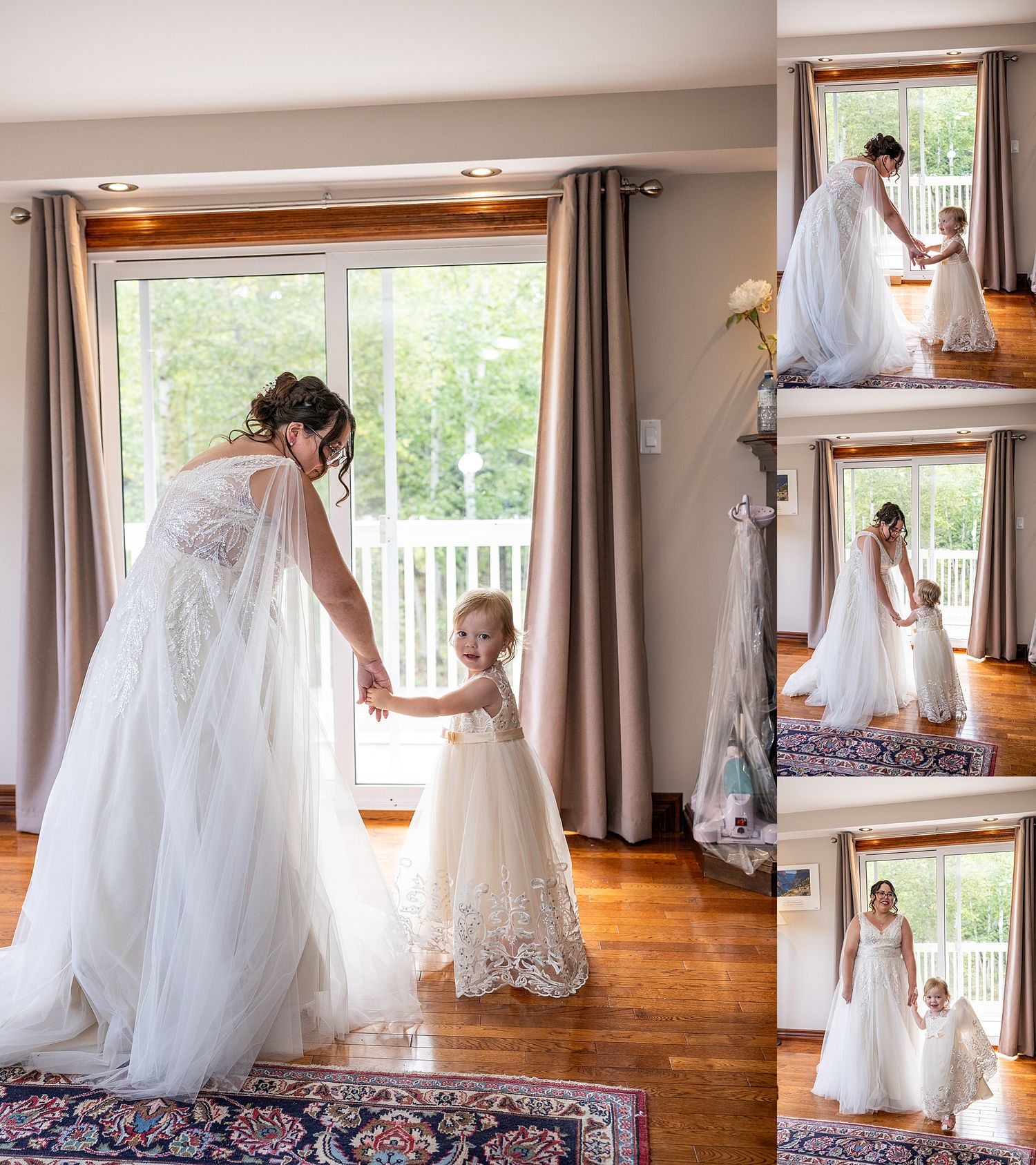 Someone in an elegant lace and tulle wedding dress adjusts the sheer curtains in a sunlit room with hardwood floors.