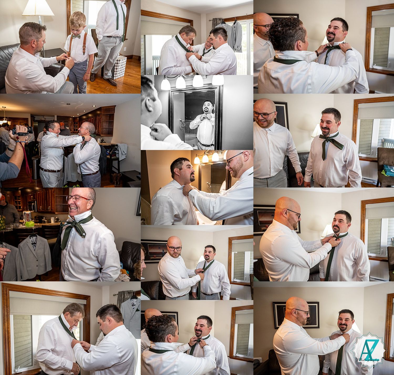 Two people in white shirts helping each other get dressed for a formal occasion, adjusting ties and cuffs.