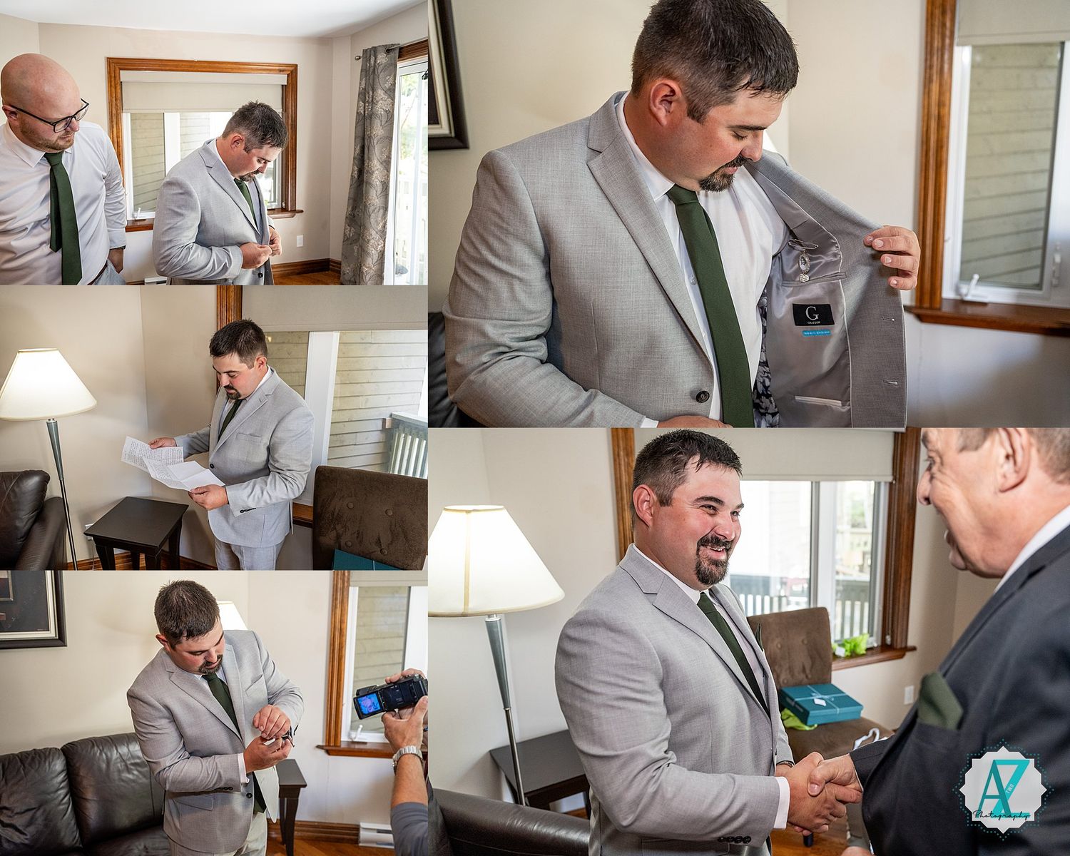 A groom getting ready for his wedding in a light gray suit while others assist with preparations.