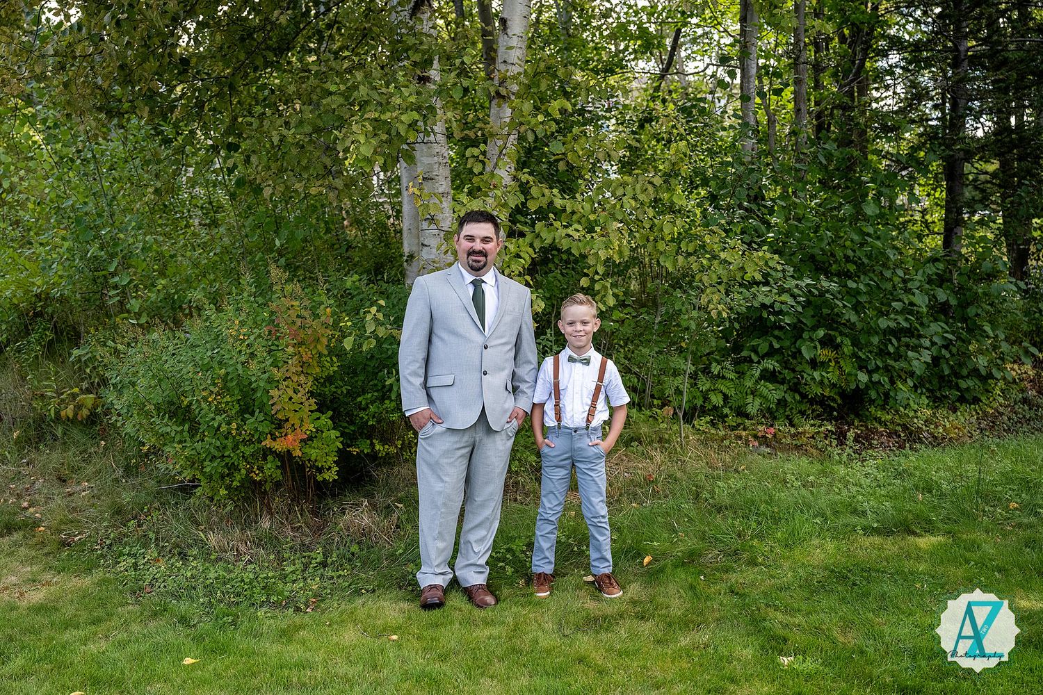 A group photo progression shows wedding party members in gray suits posing together on grassy lawn with trees.