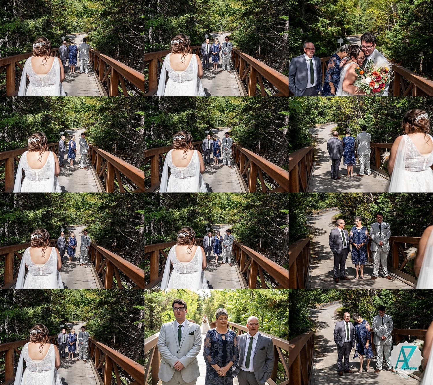 A couple poses on a rustic wooden bridge surrounded by lush green forest during their wedding day.
