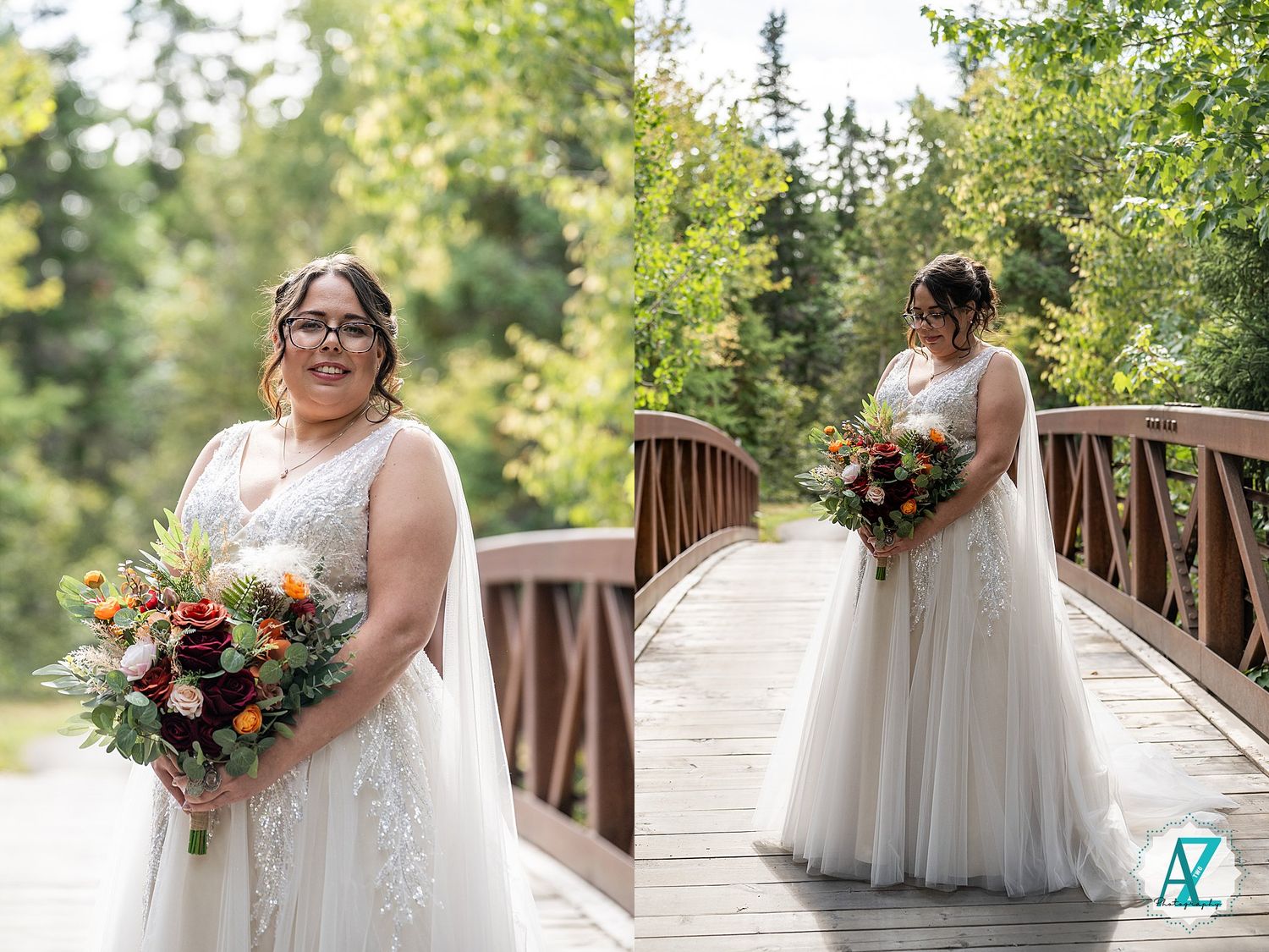 Wedding portraits taken on scenic wooden bridge with beautiful autumn floral bouquets.