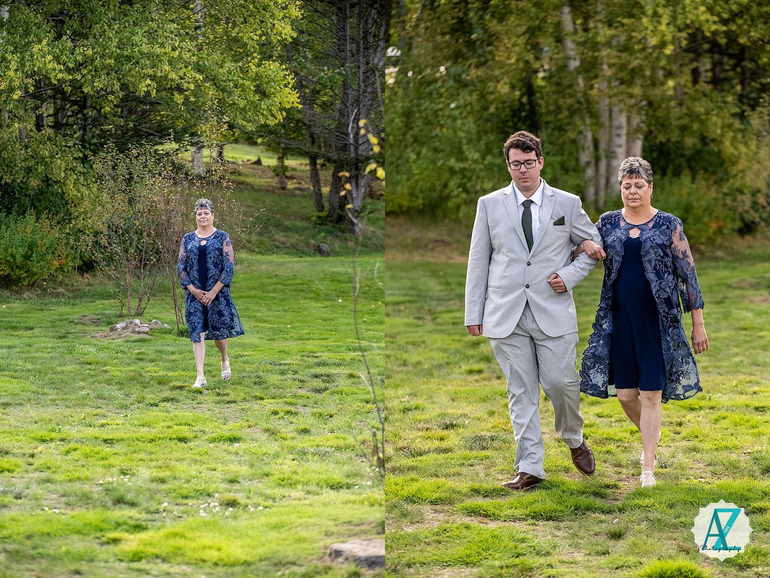 A couple in wedding attire walks and smiles together in a lush green outdoor setting during a summer day.