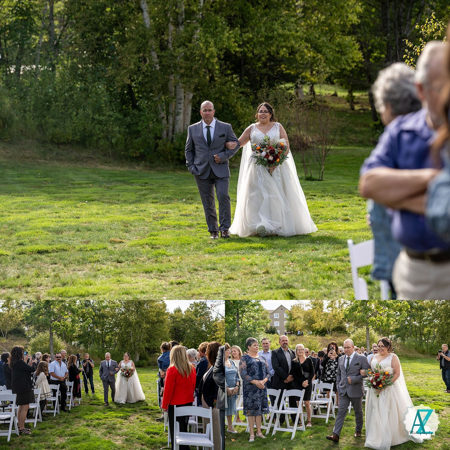 A panoramic view of an outdoor wedding ceremony with guests seated on white chairs surrounded by lush green scenery.