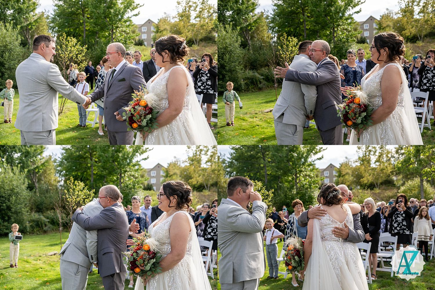 Candid sequence of a wedding ceremony outdoors in a lush green garden setting with guests looking on in the background.