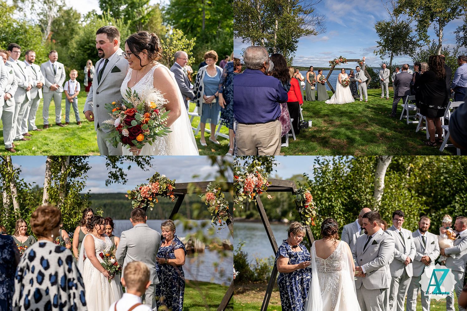 Wedding guests gather outdoors under trees for a joyful celebration near the water on a sunny summer day.