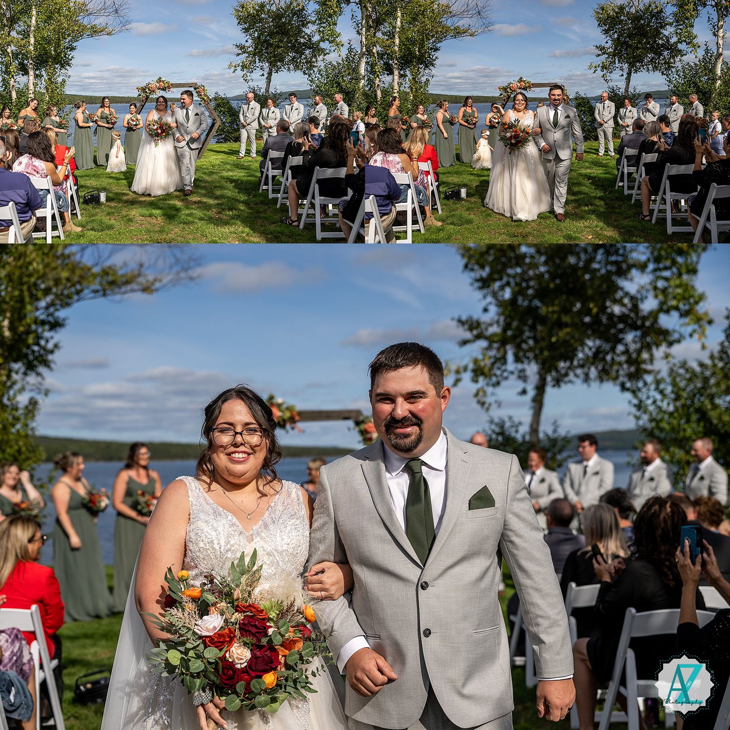 Outdoor wedding ceremony setup with white chairs arranged on grass overlooking a scenic lake.