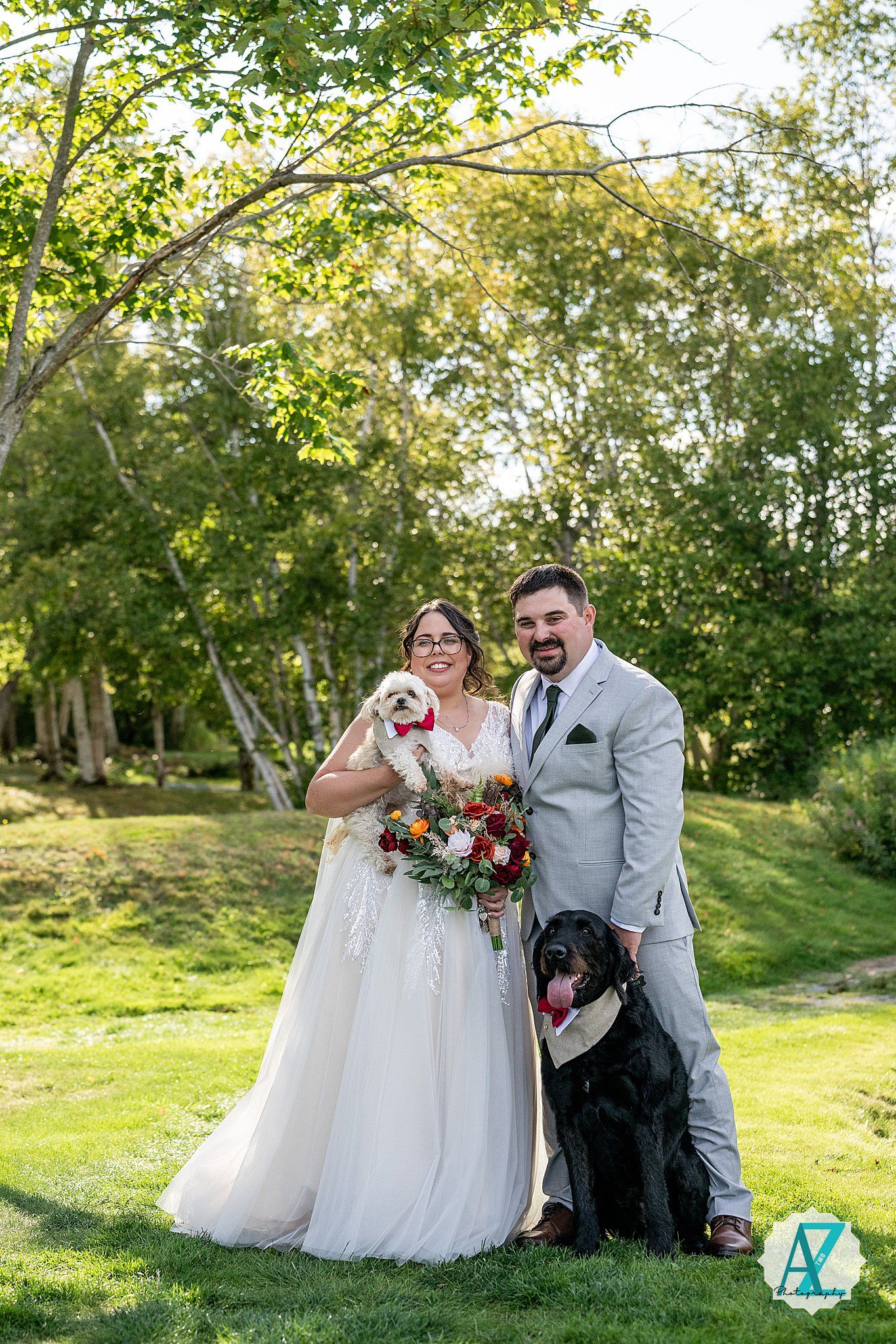 A couple celebrates their wedding outdoors with rustic greenery and natural backdrops in a series of romantic poses.