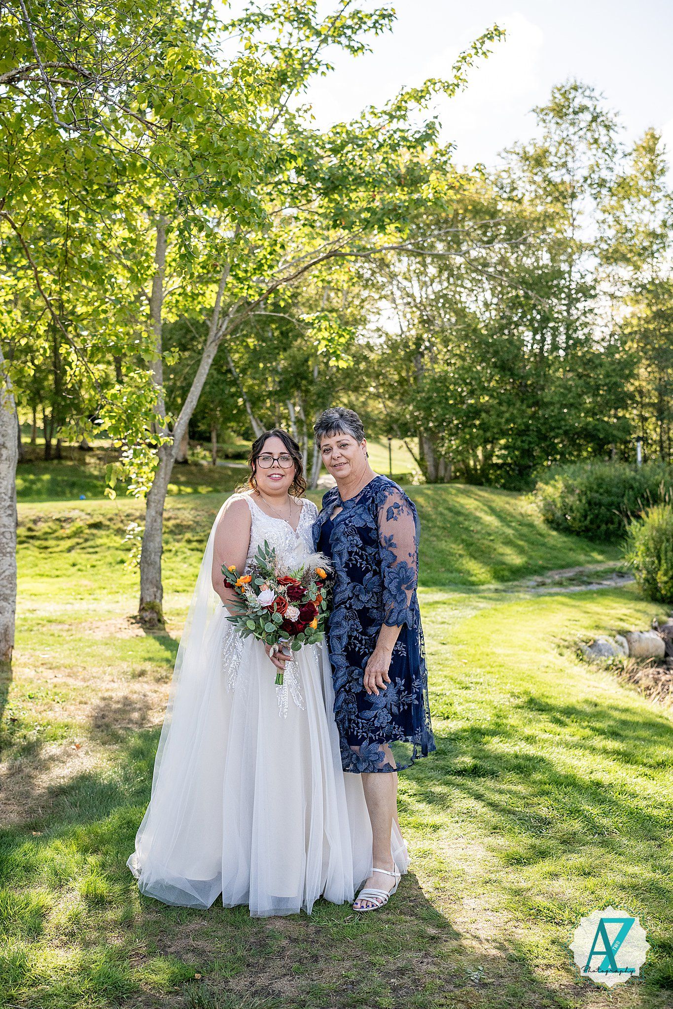 A wedding photo series with birch trees and green grass showing candid moments in an outdoor garden setting.