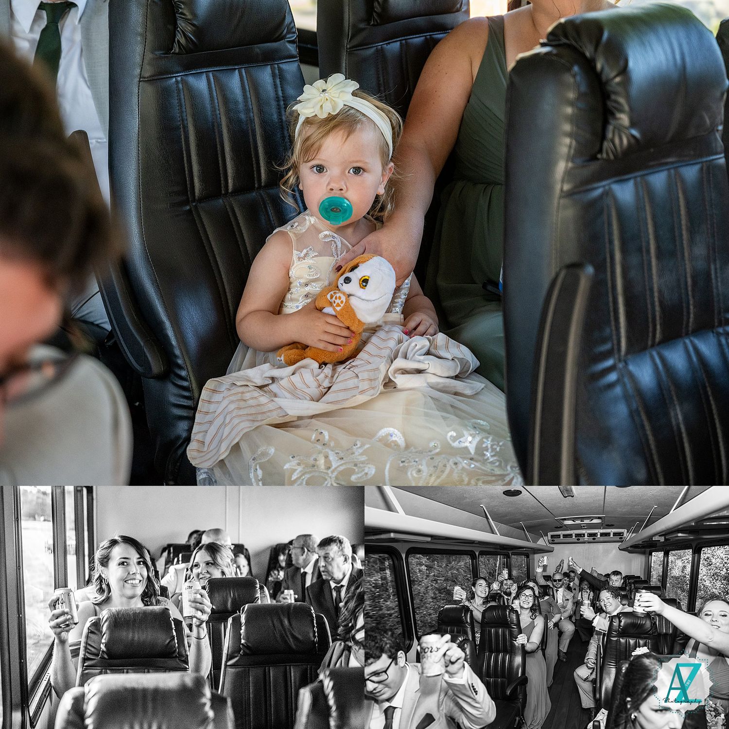 A young child in a formal dress sits in a car seat, with black and white party scenes shown below.