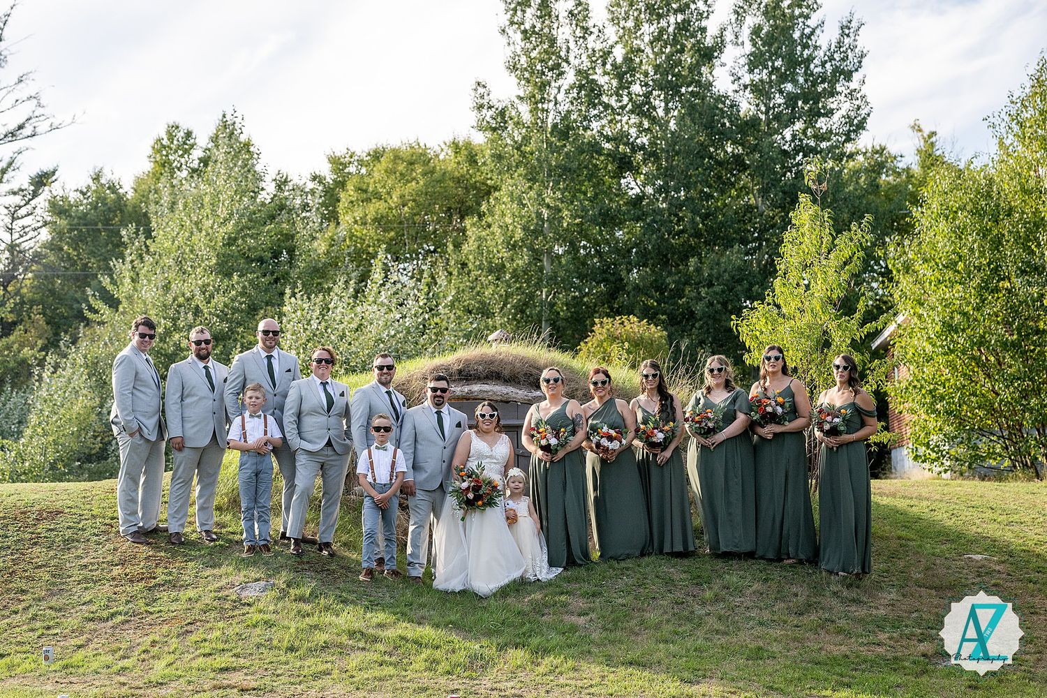 Wedding party members pose in a series of outdoor photos against a natural backdrop at sunset.