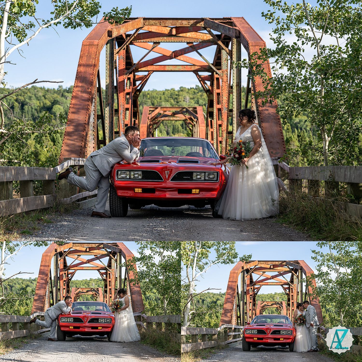 Classic red Pontiac Firebird Trans Am displayed under a rustic wooden covered bridge in a scenic outdoor setting.