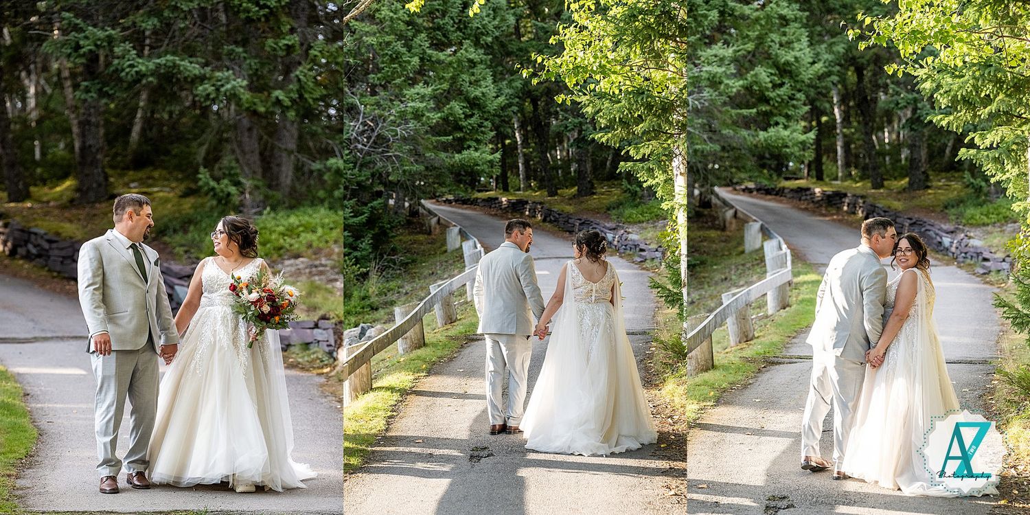 Three candid photos of the wedding couple walking down a tree-lined path with stone walls.