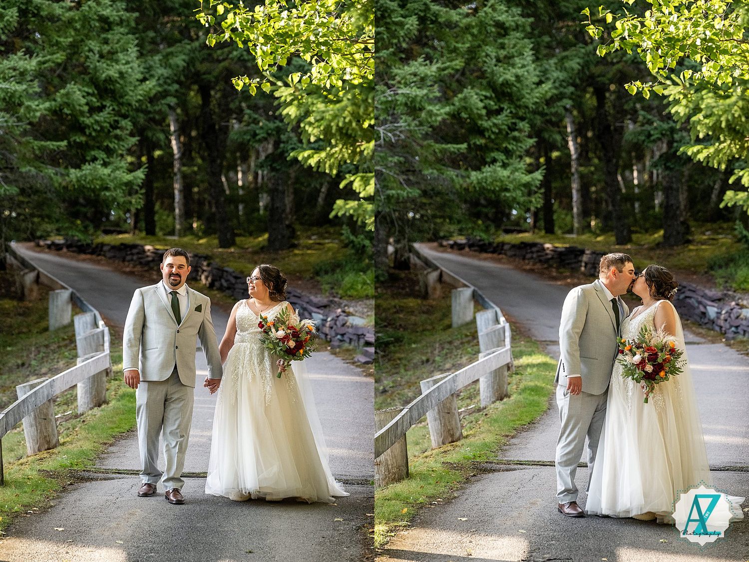 Wedding couple walking together on a stone pathway surrounded by lush greenery and gardens.