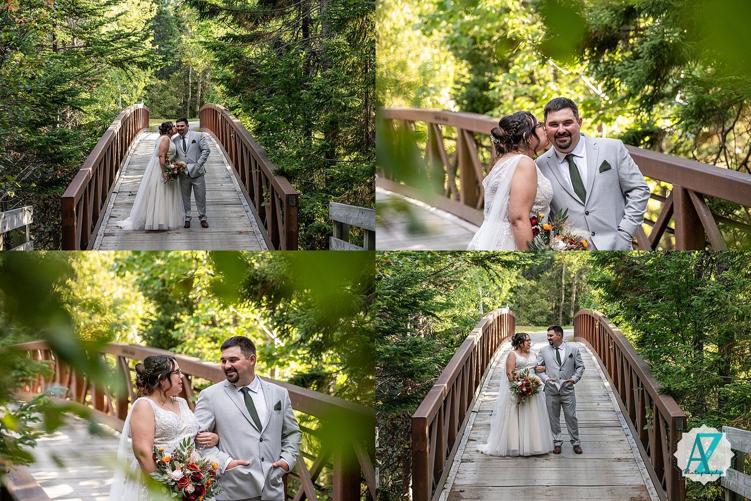 Romantic wedding photoshoot on a rustic wooden bridge in a serene forest setting.