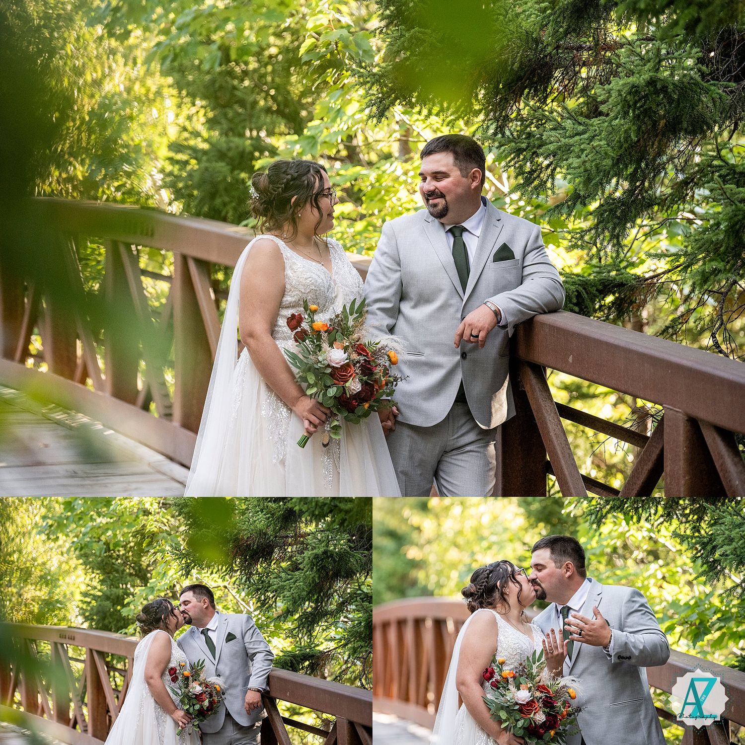 Wedding couple shares intimate moment together in dappled sunlight on rustic wooden bridge surrounded by greenery.