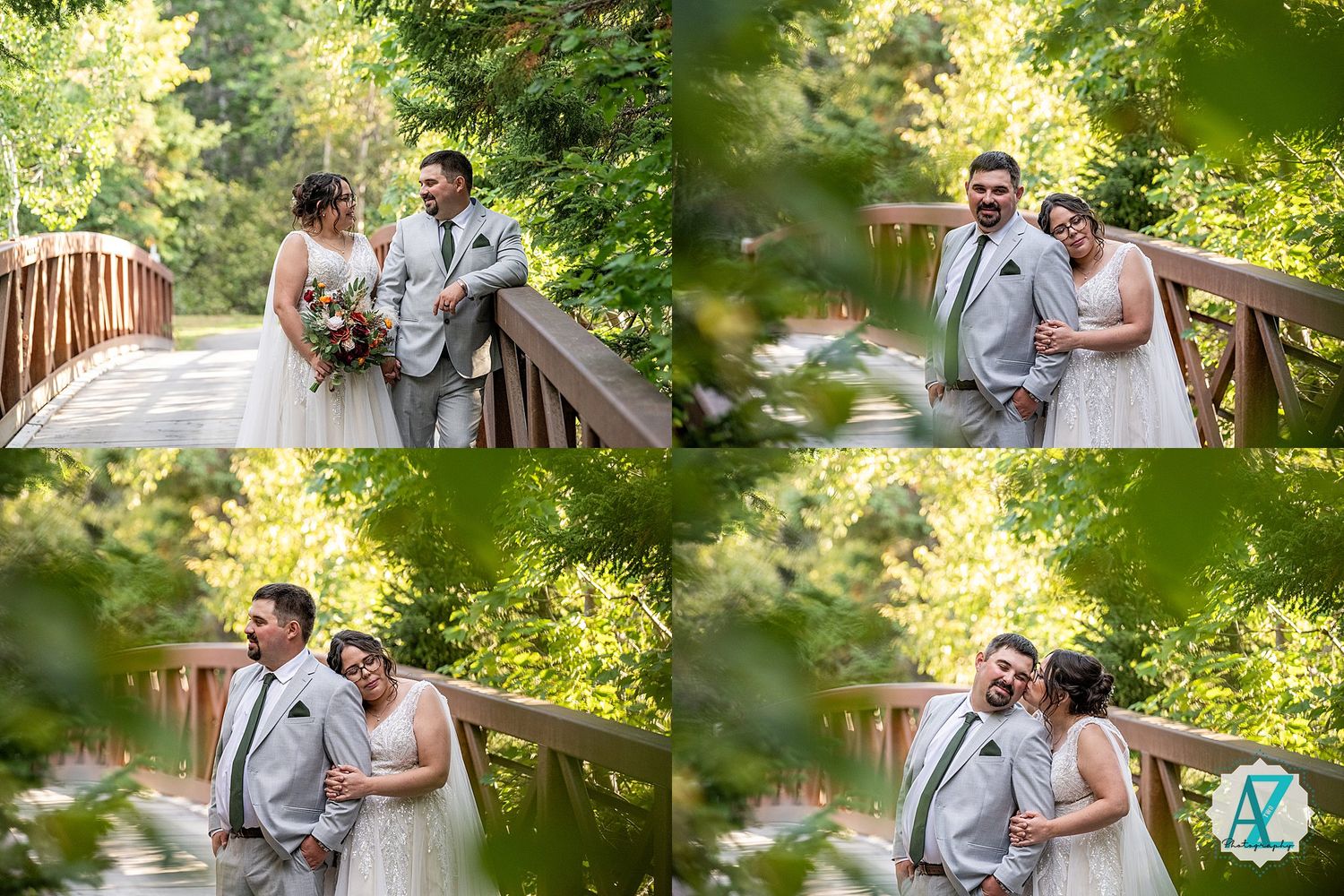 A couple shares romantic moments on a garden bridge surrounded by lush green foliage during their wedding photoshoot.