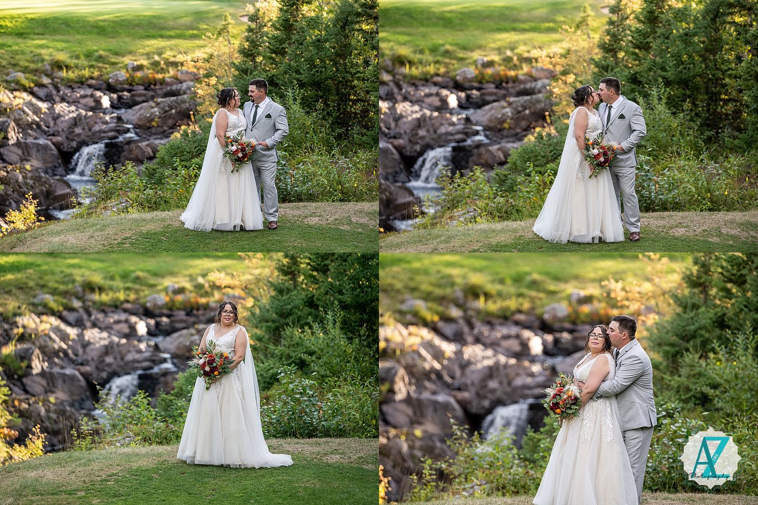 A couple poses by a cascading waterfall during their wedding ceremony on a summer day in the mountains.