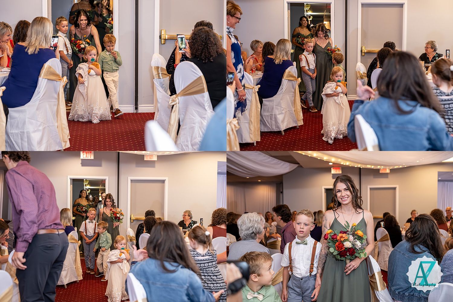 Collage of wedding reception photos showing guests dancing, embracing and celebrating in a banquet hall setting.
