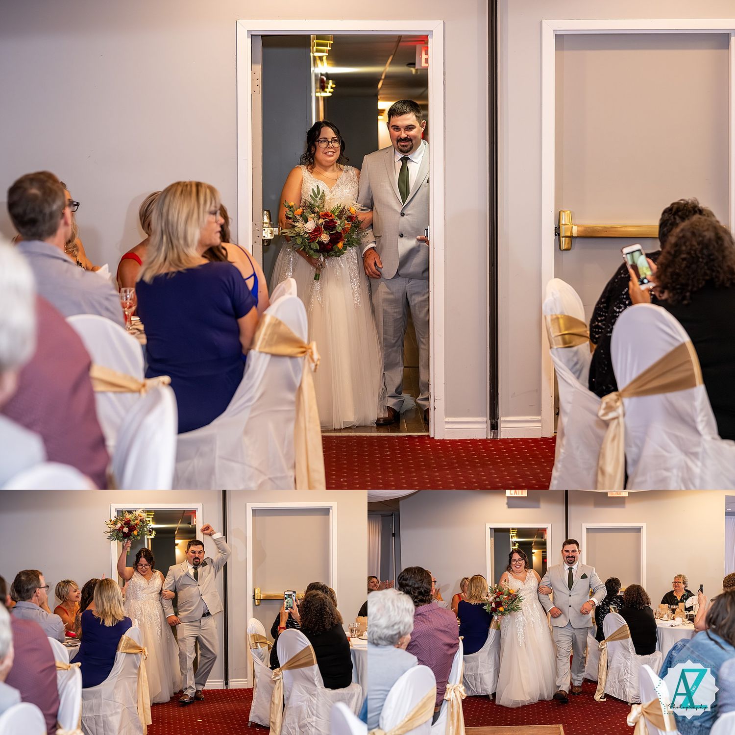 Wedding ceremony guests seated in white chairs watch as newlyweds enter through doorway with autumn-colored bouquet.