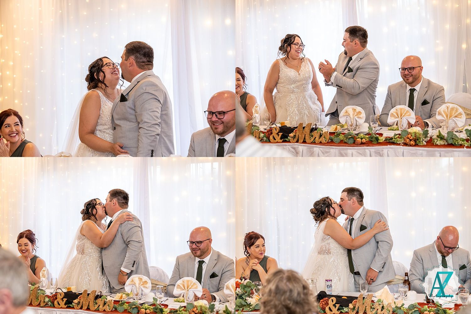 Sequence of eight wedding photos showing romantic moments at the reception between newlyweds and guests celebrating.