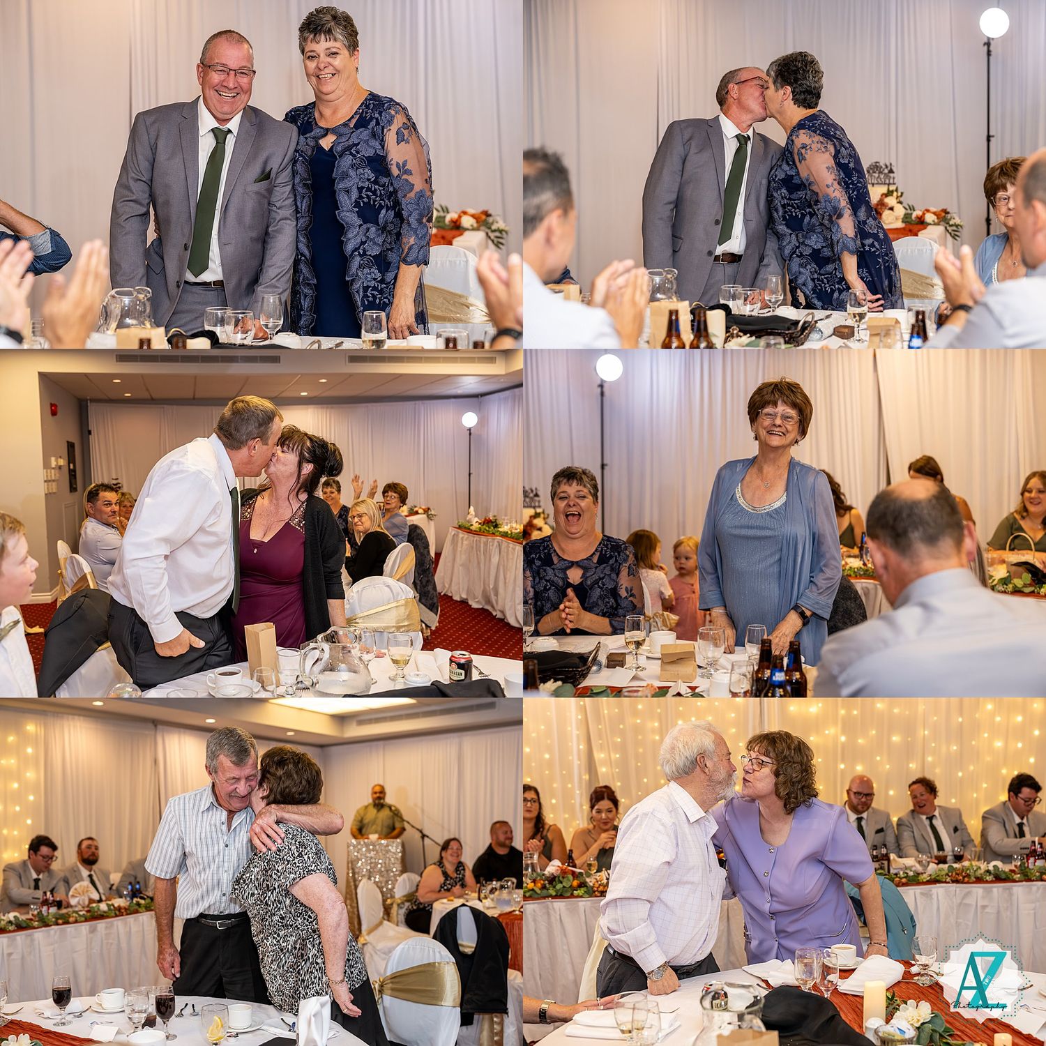 Candid moments captured during wedding reception as guests enjoy dinner and conversation at decorated tables.
