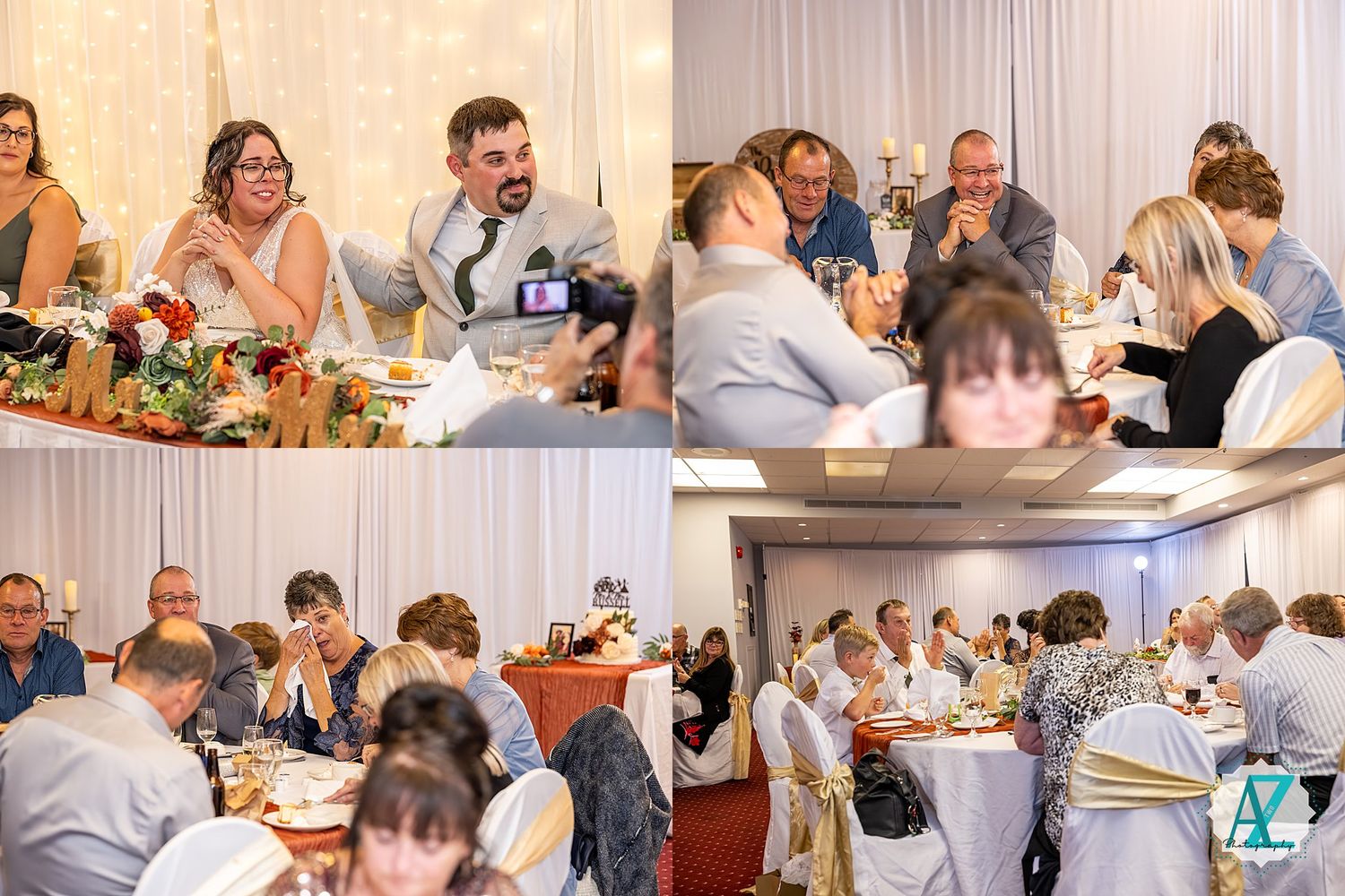 Wedding reception dining scene with guests seated at decorated tables enjoying the celebration.