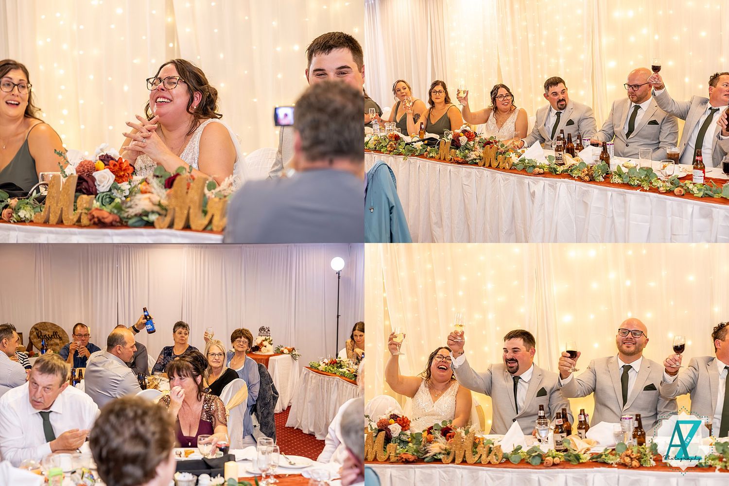Wedding reception tables with seated guests celebrating during toasts and speeches at an elegantly decorated venue.