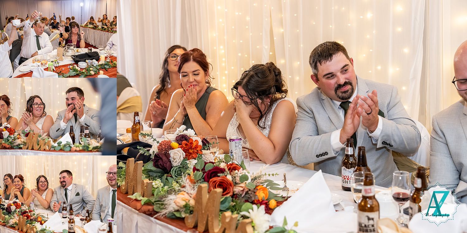 Wedding celebration with guests exchanging emotional reactions and candid moments at dining tables during reception.