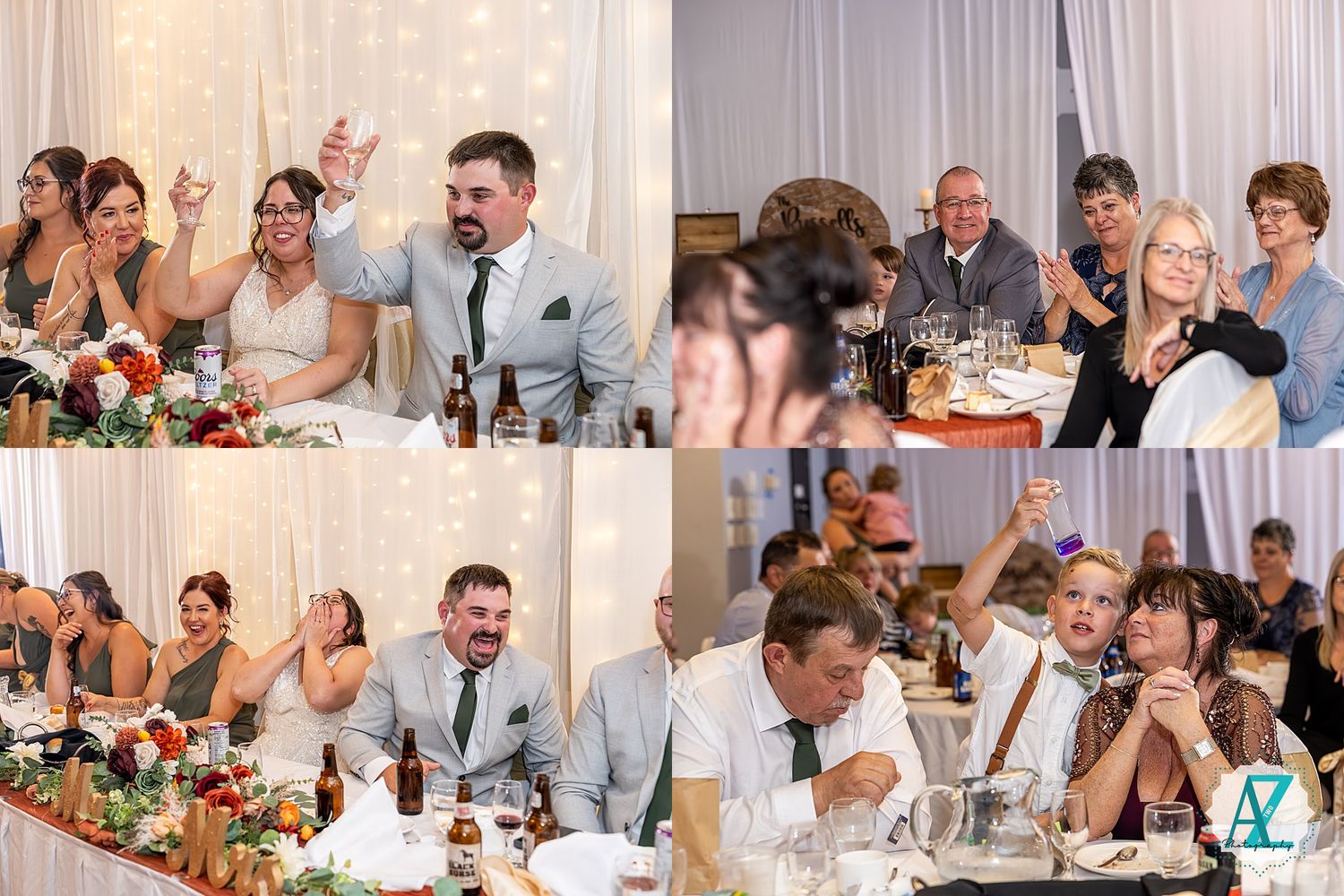 Collage of candid reception moments showing guests dining and celebrating at decorated wedding tables.