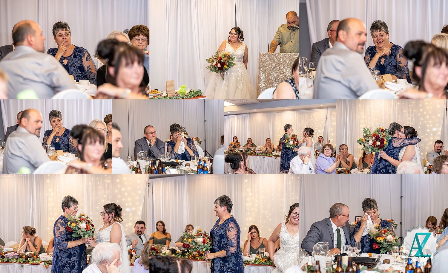 A wedding reception photo collage showing tables of guests, dancing, and celebratory moments with white decor elements.