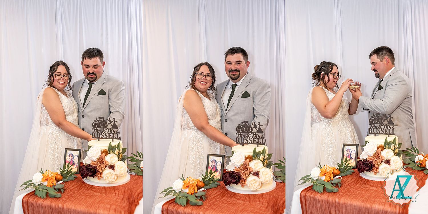 Sequence of photos showing a wedding cake cutting celebration with couple feeding each other slices and sharing playful moments.