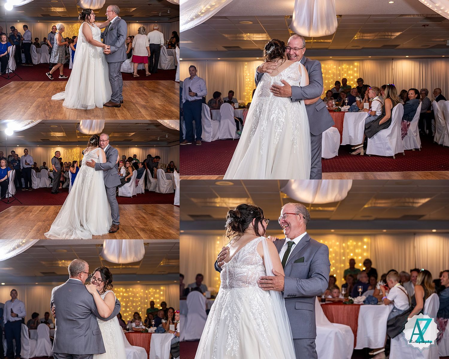 Wedding couple shares a romantic first dance on wooden dance floor in reception hall while guests look on.