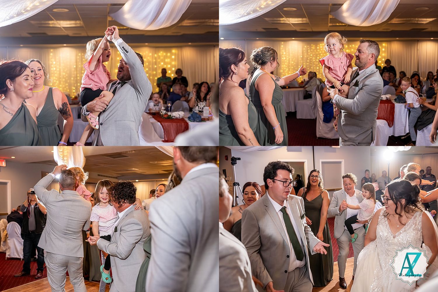 Wedding reception dance floor filled with guests enjoying celebrations in an indoor venue.