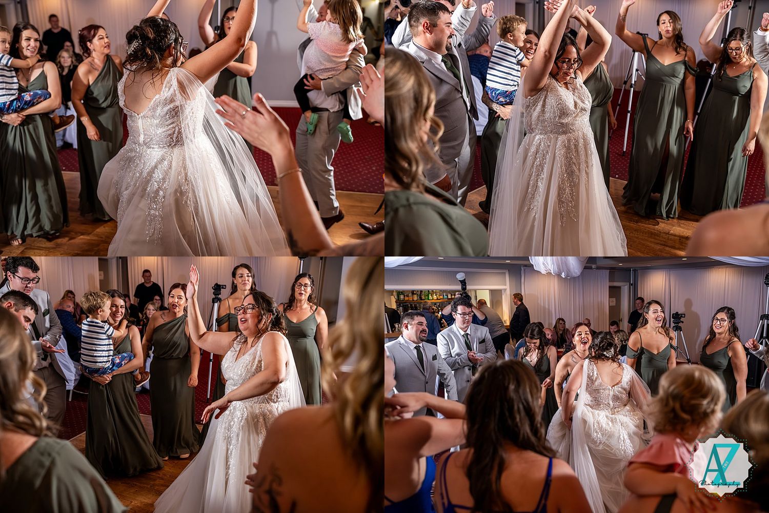 Wedding reception guests dancing and celebrating joyfully on a crowded dance floor during an indoor evening party.