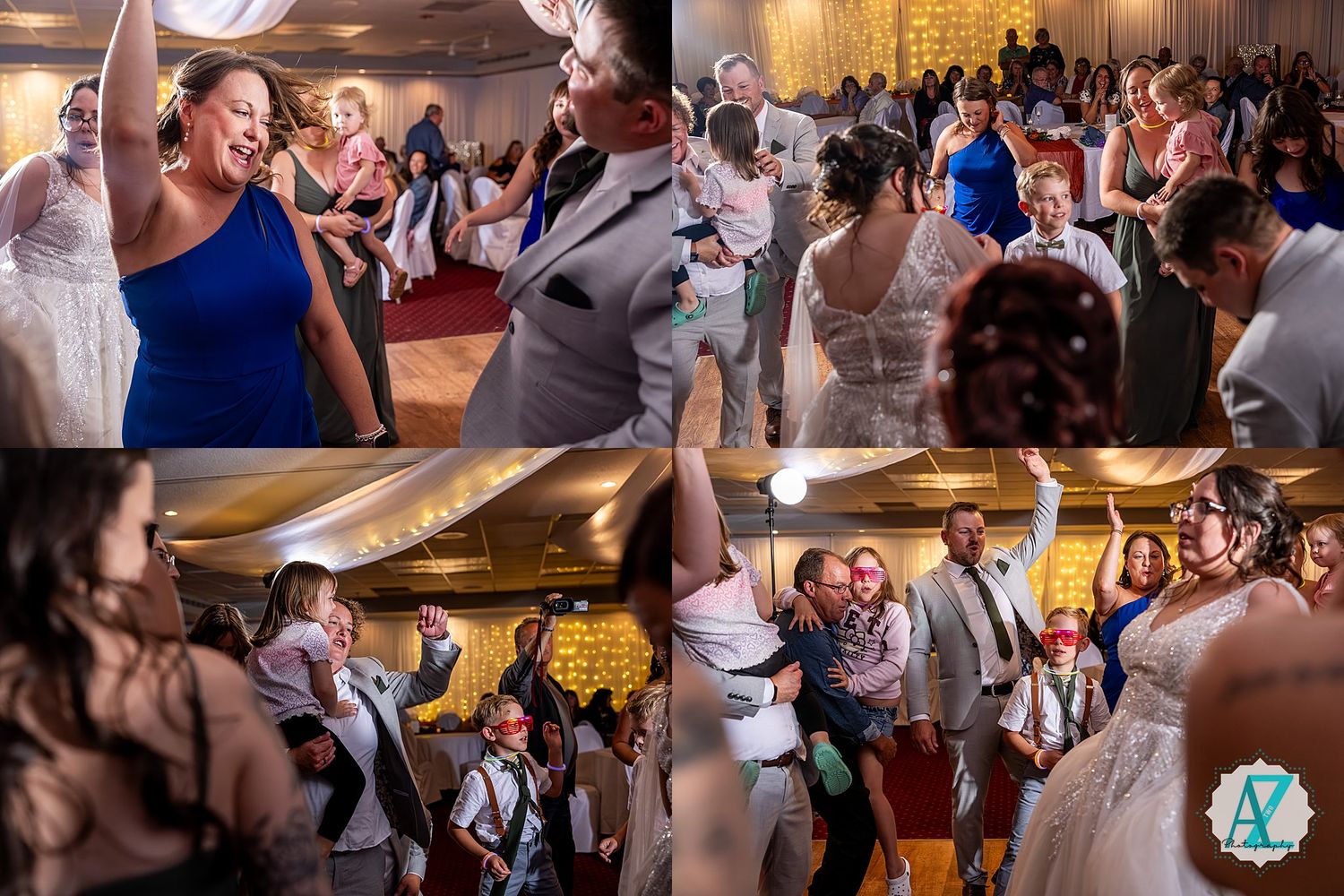 Dance floor filled with wedding guests enjoying a lively celebration at an indoor reception.