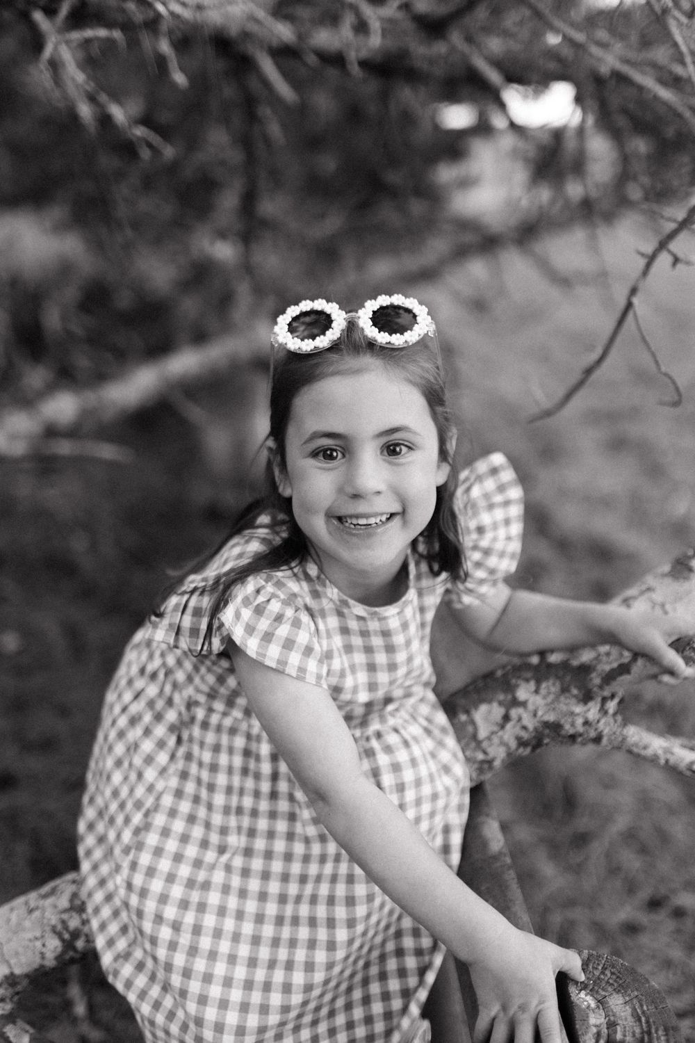 A child in a gingham dress poses on a tree branch with a bright smile.