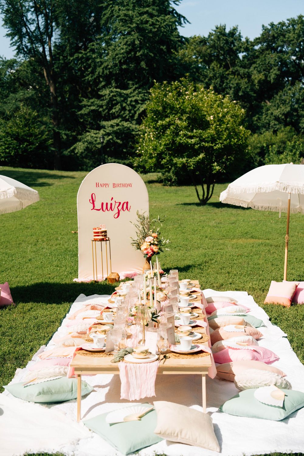 Elegant picnic setup with low tables, cushions, and pink accents arranged on white blankets in a grassy park.