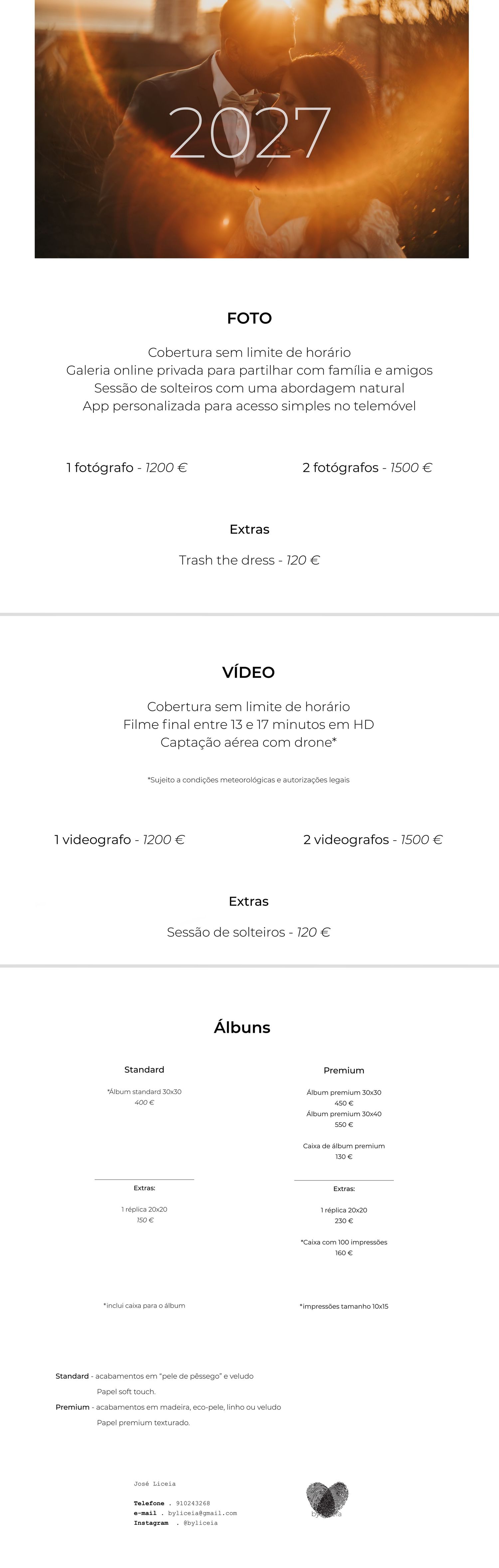 A wedding photography and videography price list showing services for 2027 with golden sunlight flare at the top.
