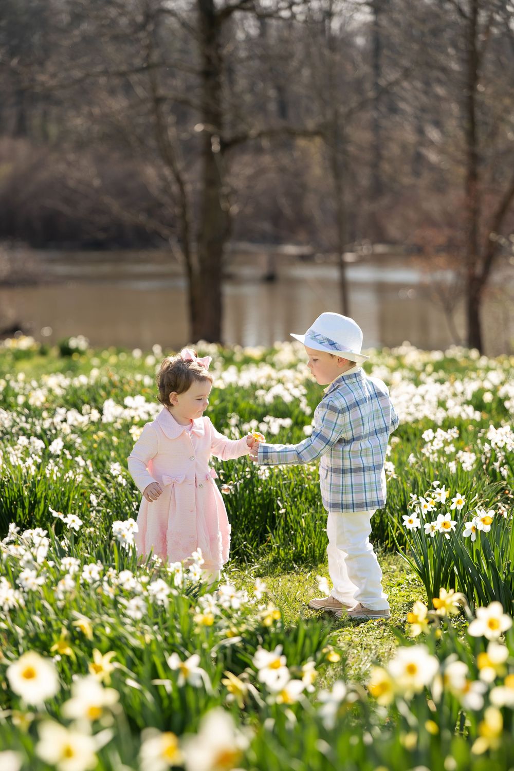 Young boy in white hat giving a daffodil flower to a little girl in pink dress outdoors.