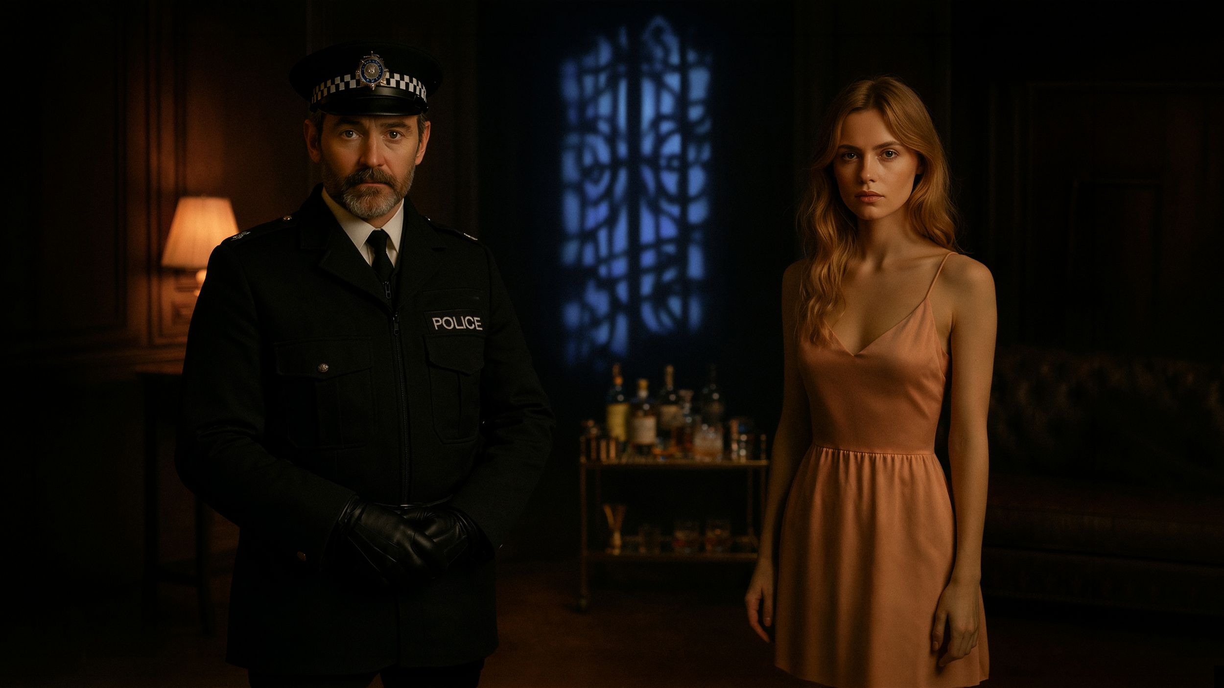A police officer in uniform stands beside a young woman in a pink dress in a dimly lit, dramatic interior setting.