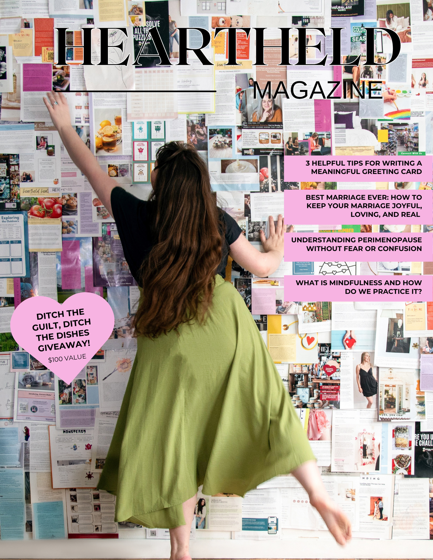 Woman in green skirt faces a vision board wall on the cover of Heartheld Magazine featuring wellness and lifestyle articles.