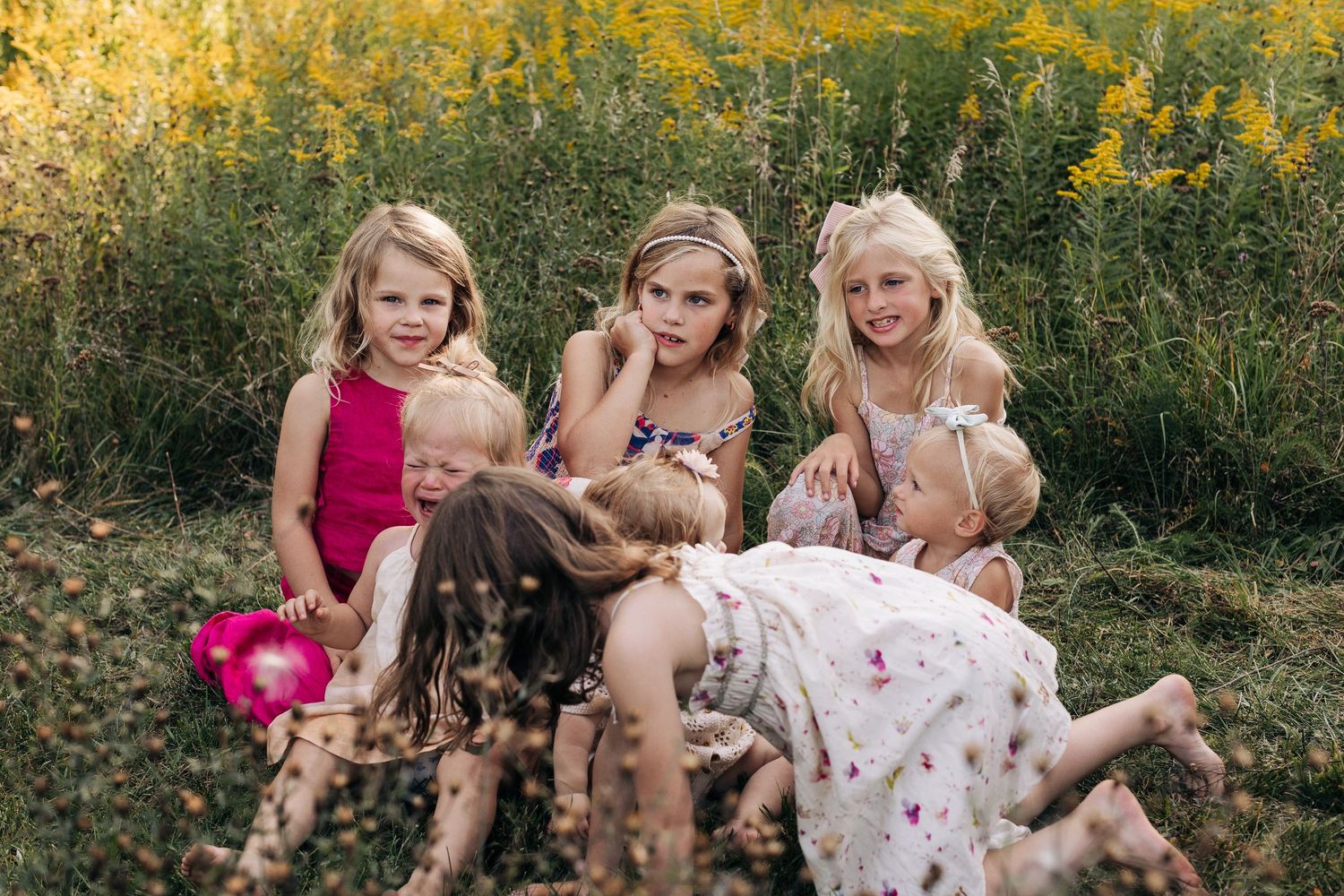 Five young blonde girls sit together laughing in a sunny field of yellow wildflowers.