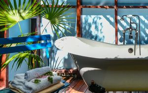 Luxurious freestanding clawfoot bathtub on a tropical outdoor terrace surrounded by lush palm leaves and wooden decor.