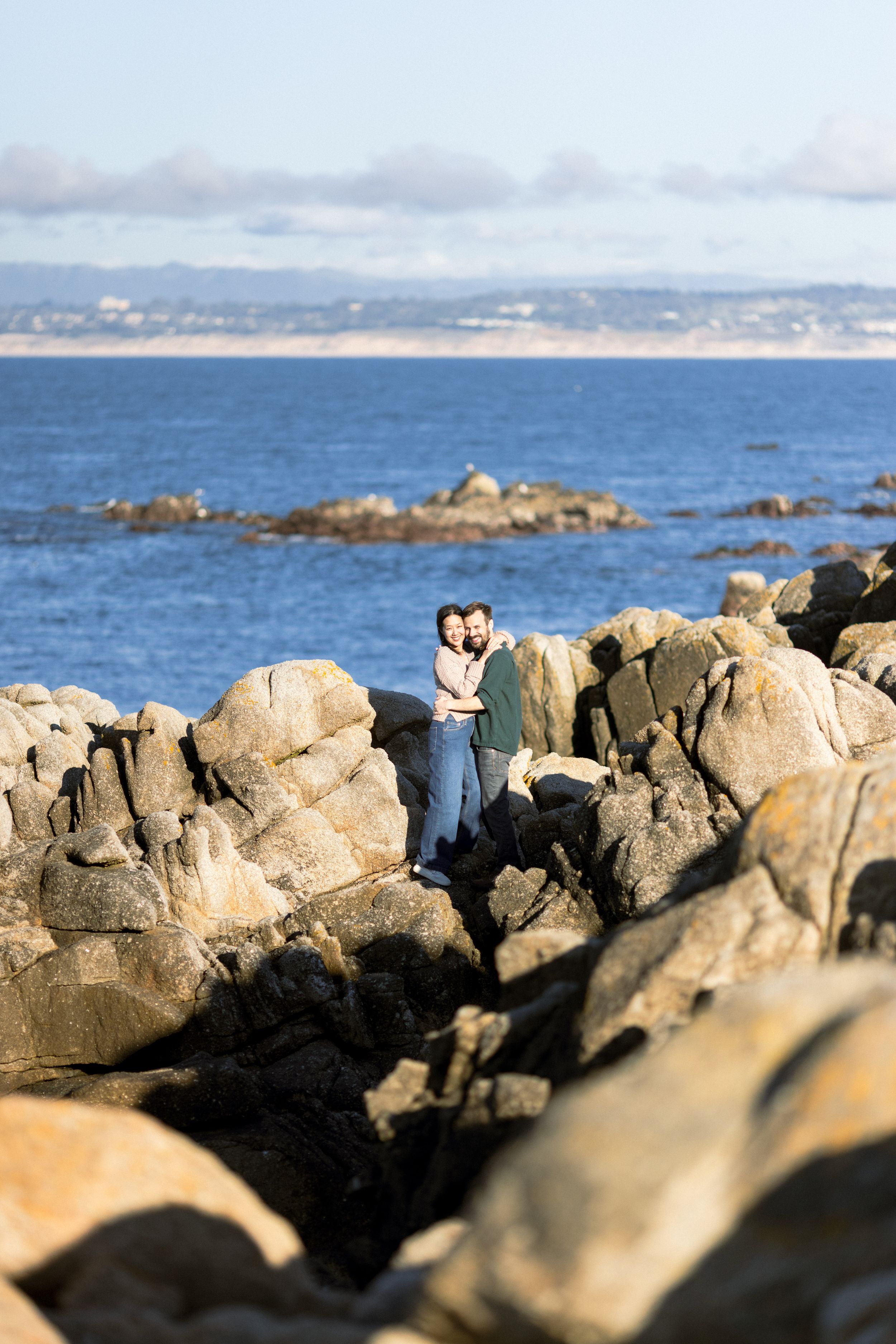 Pacific Grove spring afternoon engagement portraits along rocky coastline