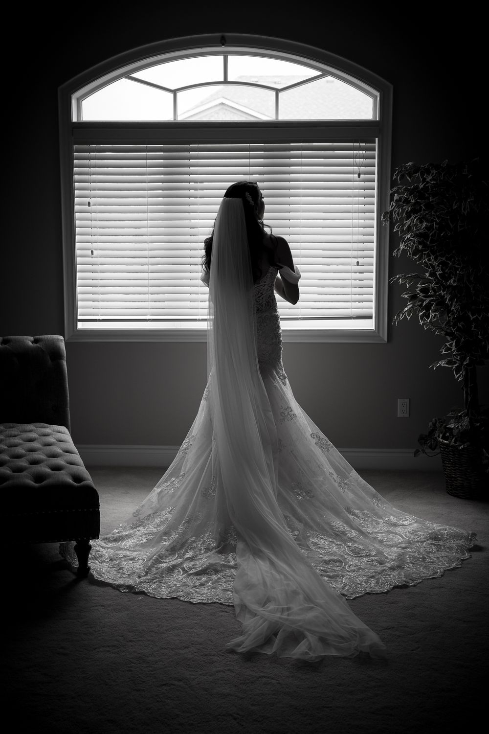 Dramatic black and white silhouette of bride in cathedral veil standing before arched window.