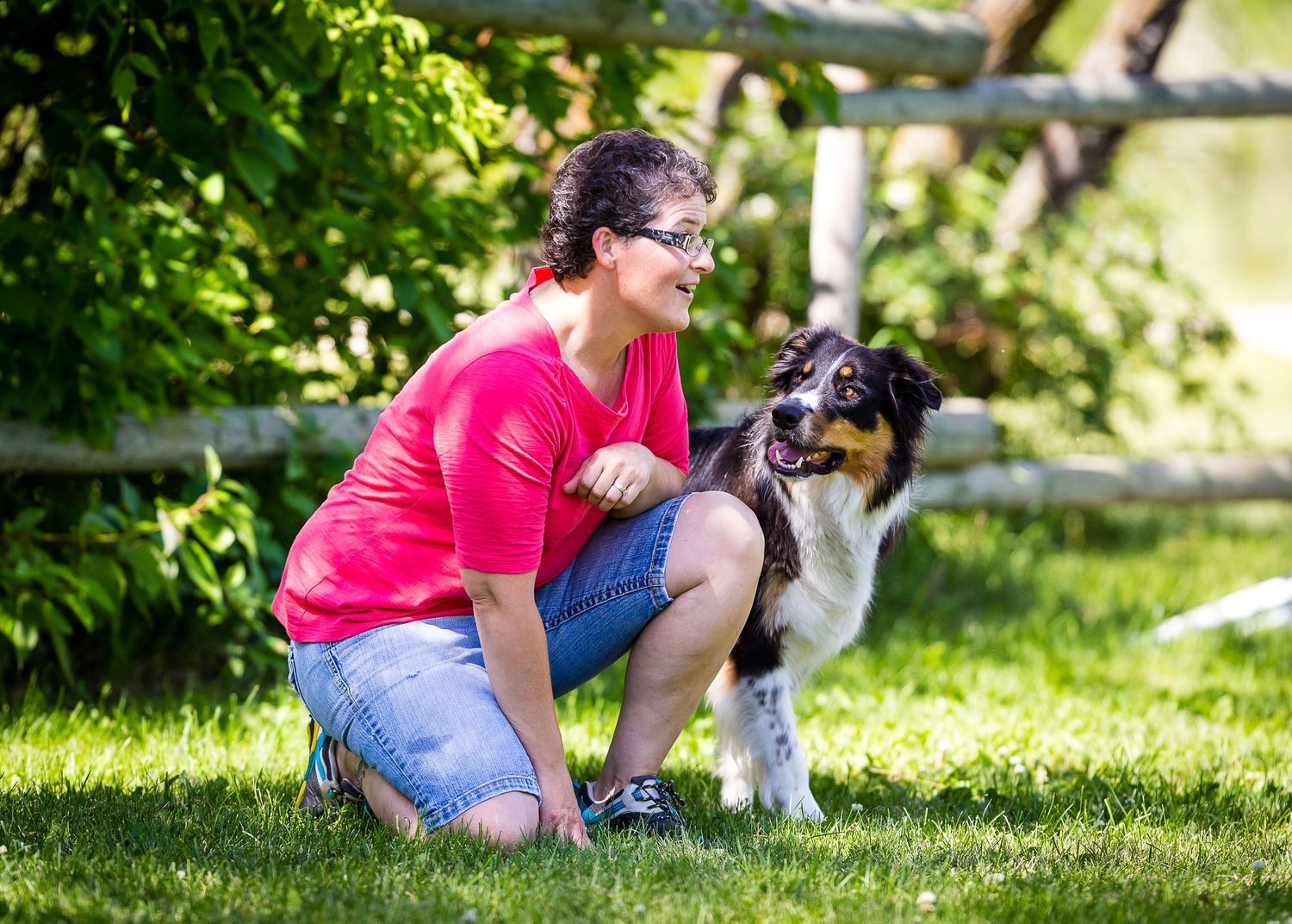 Someone in a bright pink shirt kneels beside an Australian Shepherd dog on green grass in a sunny garden.